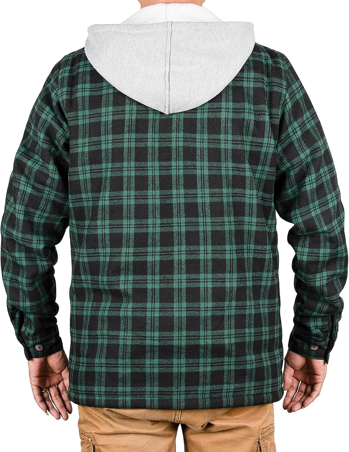 Men'S Green Winter Plaid Zip up Bomber Hooded Jacket