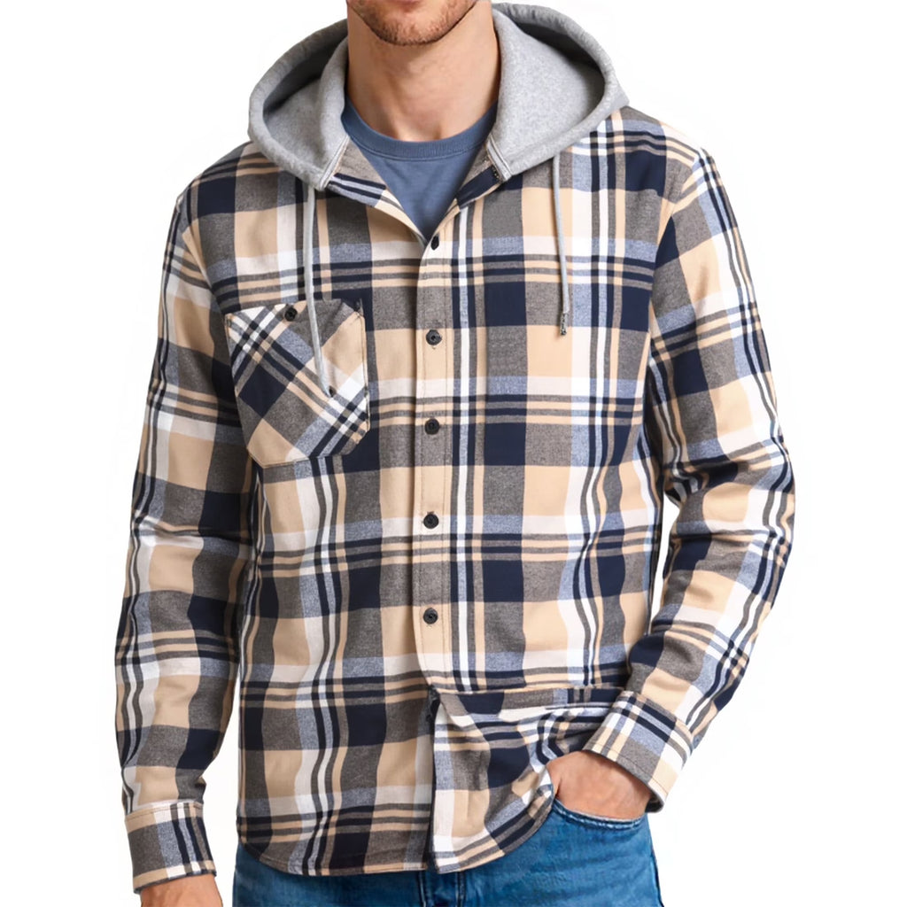 Hooded Plaid Shirts for Men Casual Button down Flannel Jackets for Men Long Sleeve Hoodie with Pocket