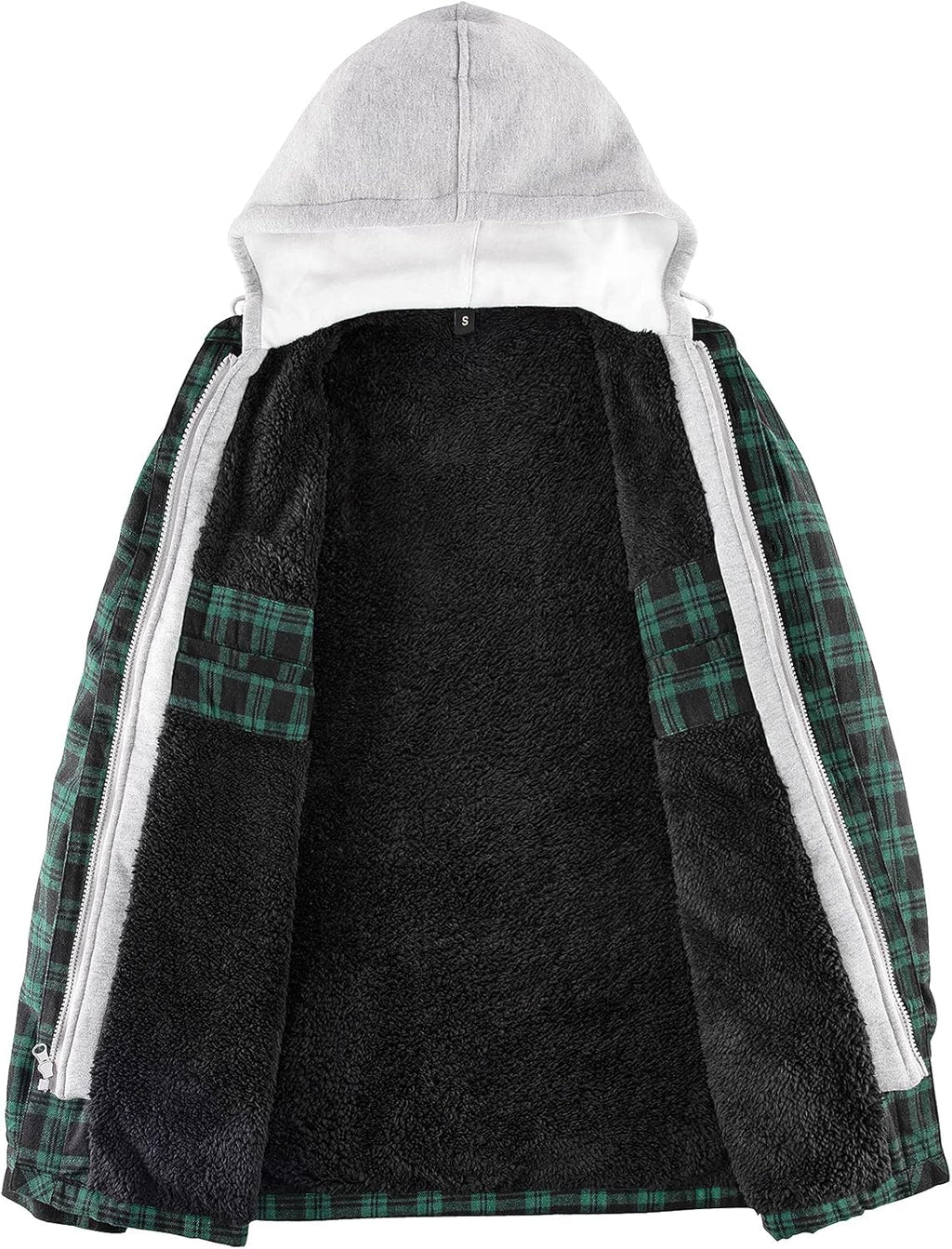 Men'S Green Winter Plaid Zip up Bomber Hooded Jacket