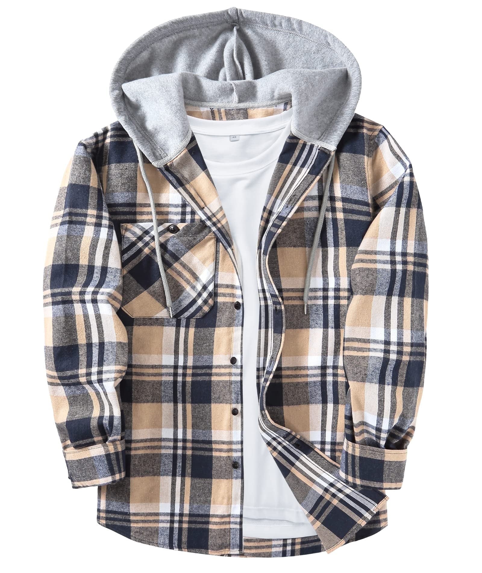 Hooded Plaid Shirts for Men Casual Button down Flannel Jackets for Men Long Sleeve Hoodie with Pocket