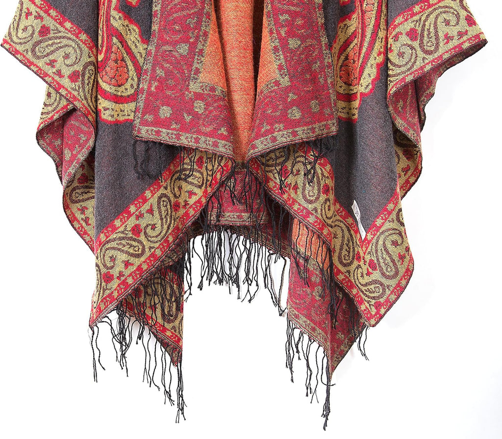 Women'S Retro Style Vintage Pattern Tassel Poncho Shawl Cape Wraps for Women