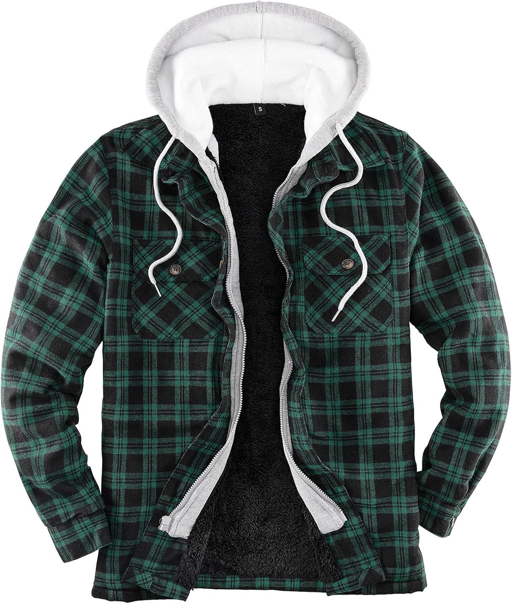 Men'S Green Winter Plaid Zip up Bomber Hooded Jacket
