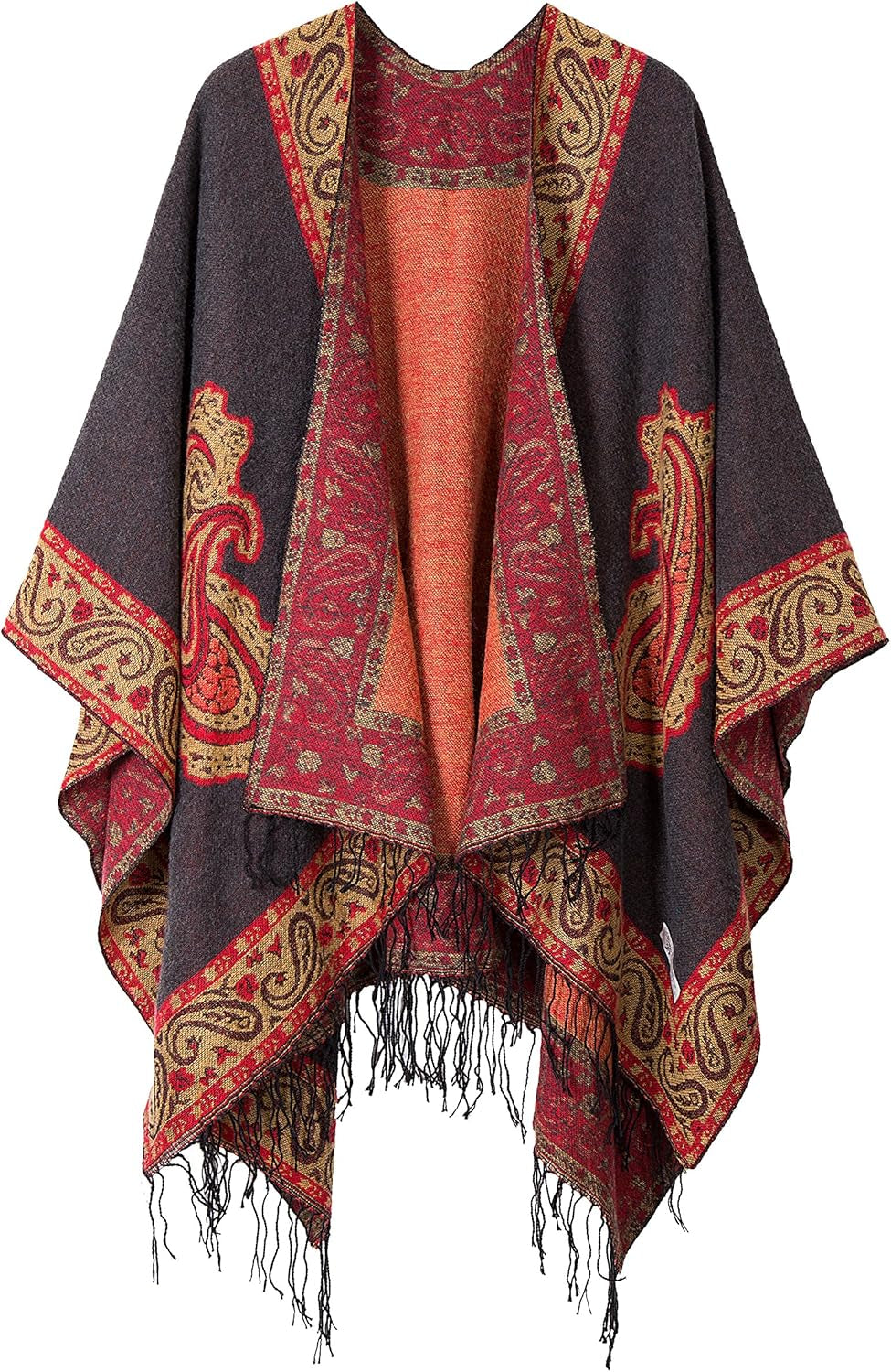 Women'S Retro Style Vintage Pattern Tassel Poncho Shawl Cape Wraps for Women