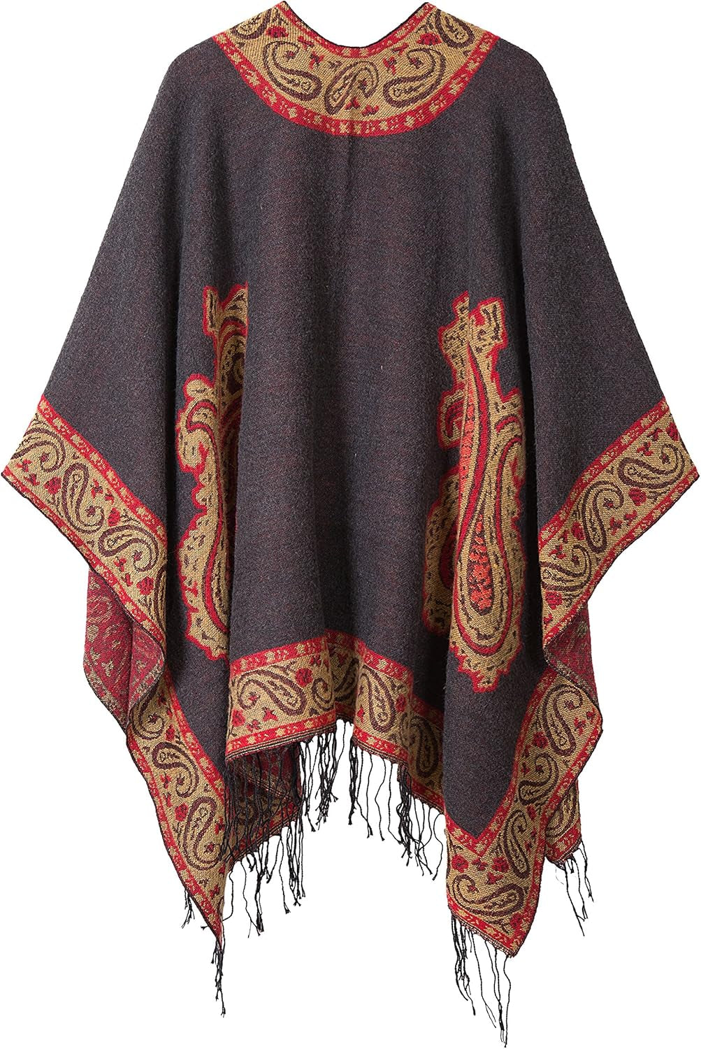 Women'S Retro Style Vintage Pattern Tassel Poncho Shawl Cape Wraps for Women