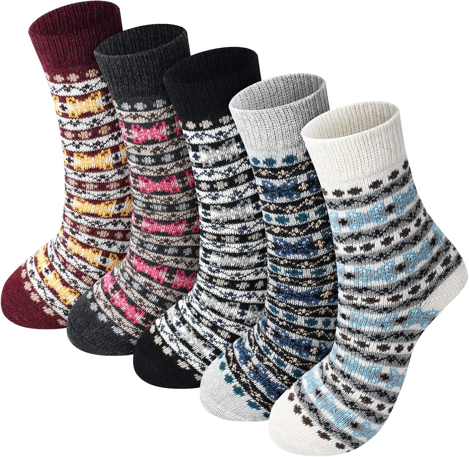 Women Winter Socks Warm Thick Wool Soft Women Socks 5 Pairs Free Size Vintage Wool Socks for Women (Mix6)