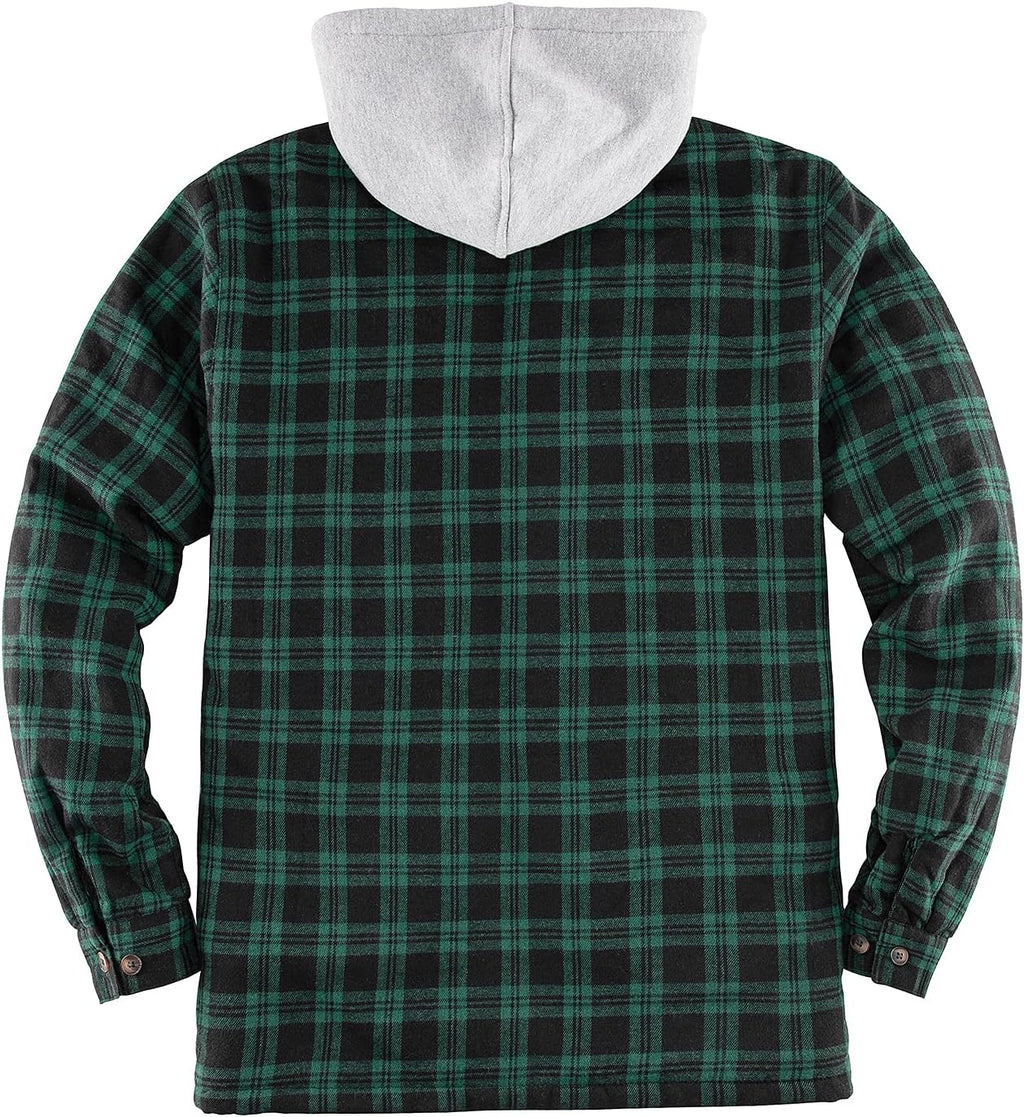 Men'S Green Winter Plaid Zip up Bomber Hooded Jacket