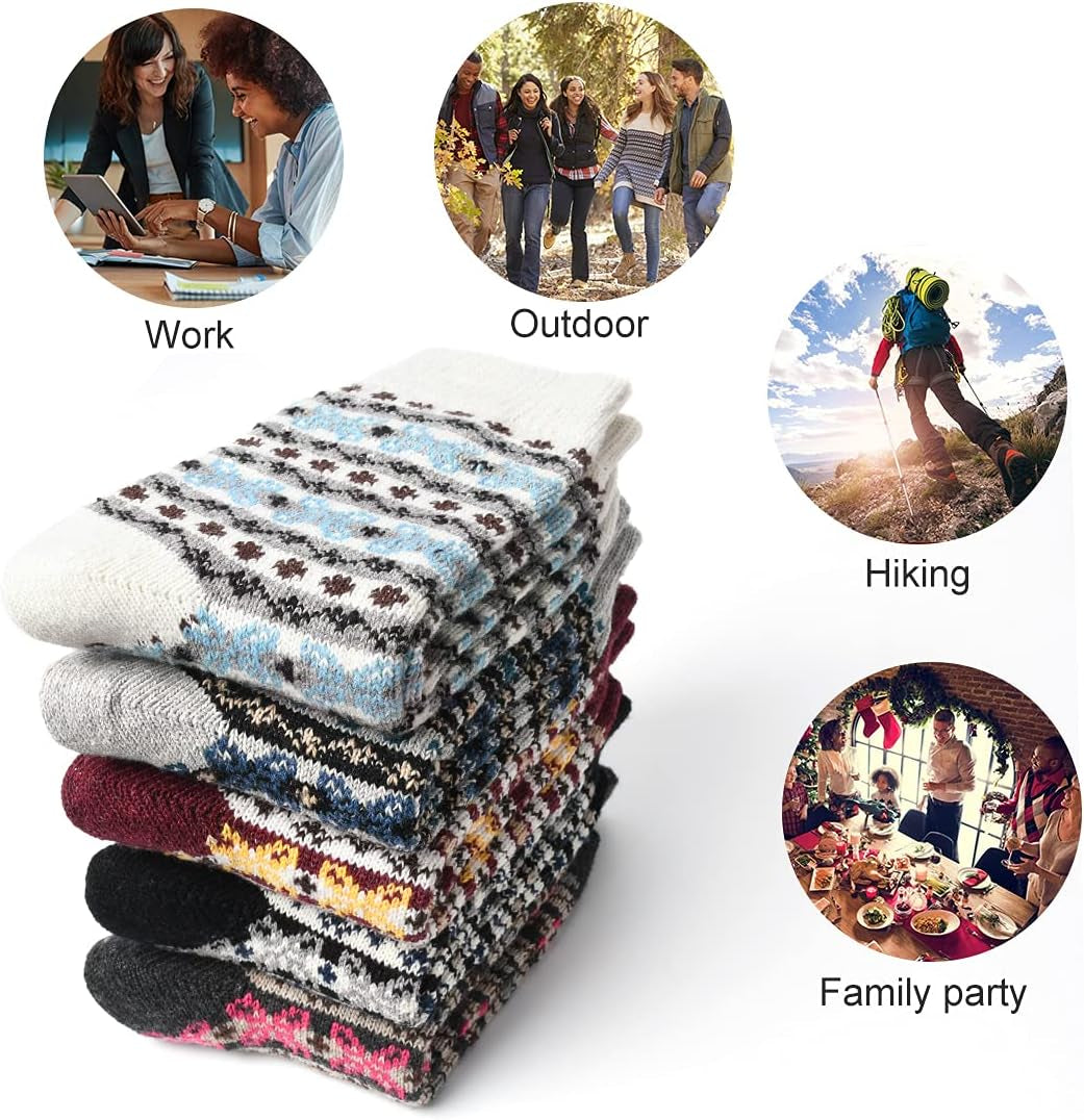 Women Winter Socks Warm Thick Wool Soft Women Socks 5 Pairs Free Size Vintage Wool Socks for Women (Mix6)
