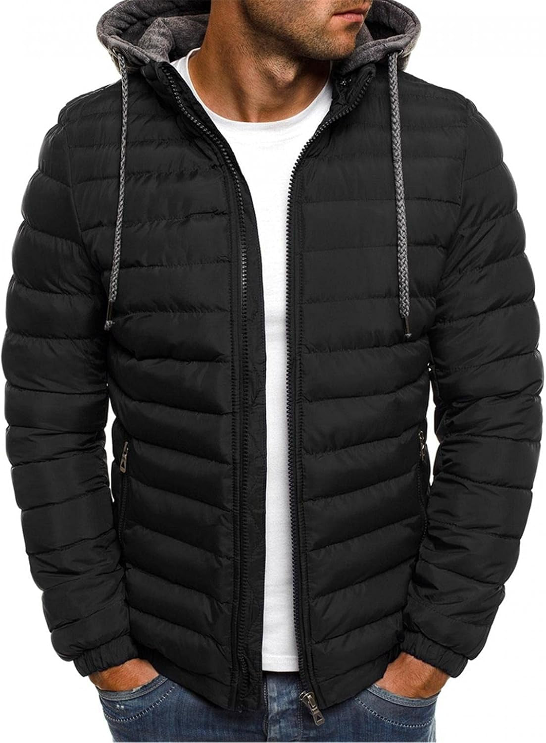 Men'S Winter Warm down Jacket Zipper up Packable Puffer Lightweight Outwear Windproof Coat with Hoodies