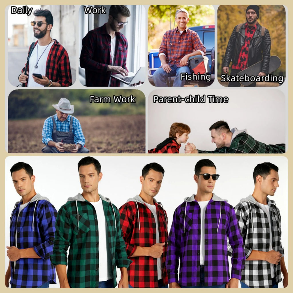 Hooded Plaid Shirts for Men Casual Button down Flannel Jackets for Men Long Sleeve Hoodie with Pocket