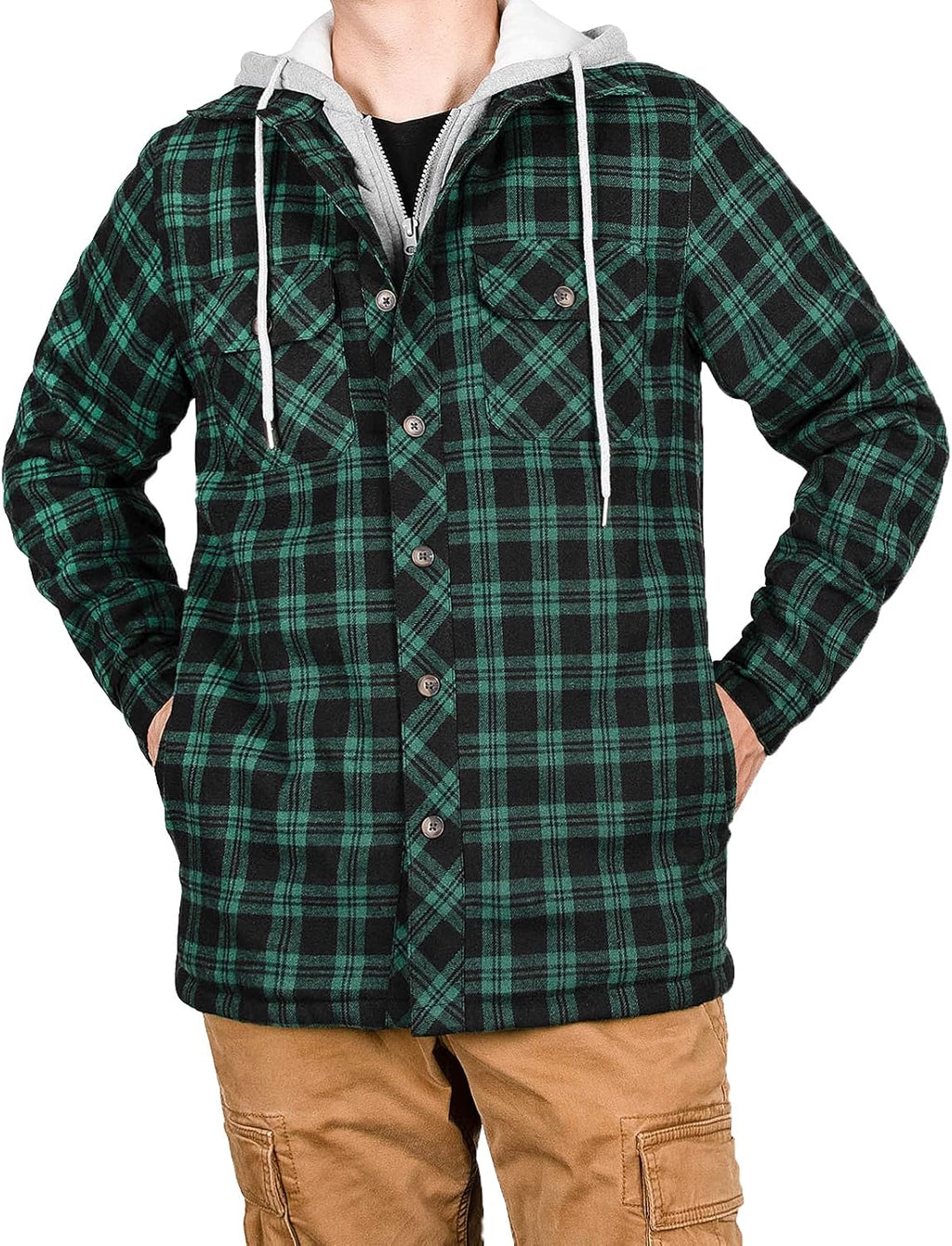 Men'S Green Winter Plaid Zip up Bomber Hooded Jacket